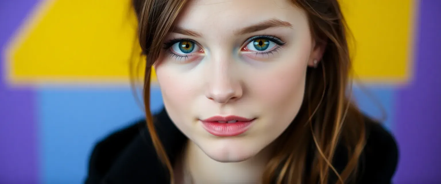 Young woman with brown hair and greenish-brown eyes, wearing black and purple.