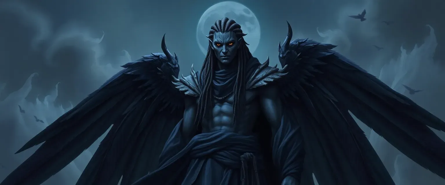 Tall, imposing figure with twilight and granite skin, vast dark wings, obsidian cornrows, flowing night-sky robe.