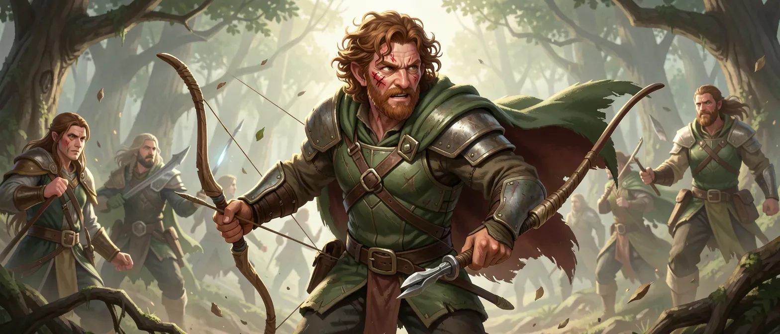 A rugged 40-year-old halfling ranger with curly chestnut hair, hazel eyes, scarred cheek, wearing green leather armor, cloak, and carrying a shortbow and tinker's tools.