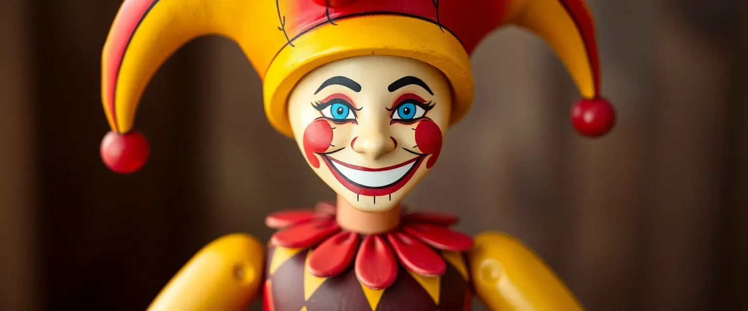 A wooden jester doll with vibrant red and yellow paint, a diamond-patterned torso, and a blue-eyed, grinning face under a floppy pointed hat.