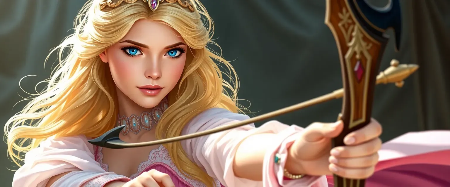 22-year-old princess with golden hair, blue eyes, in pastel gowns, skilled with bow and sword.