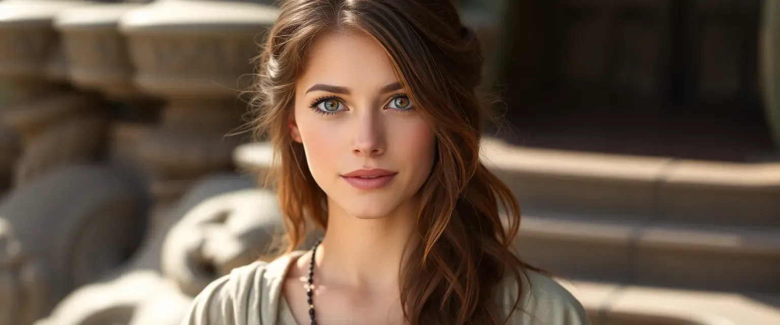 29-year-old woman with chestnut hair and hazel eyes, wearing simple, flowing garments, exuding calm and kindness.