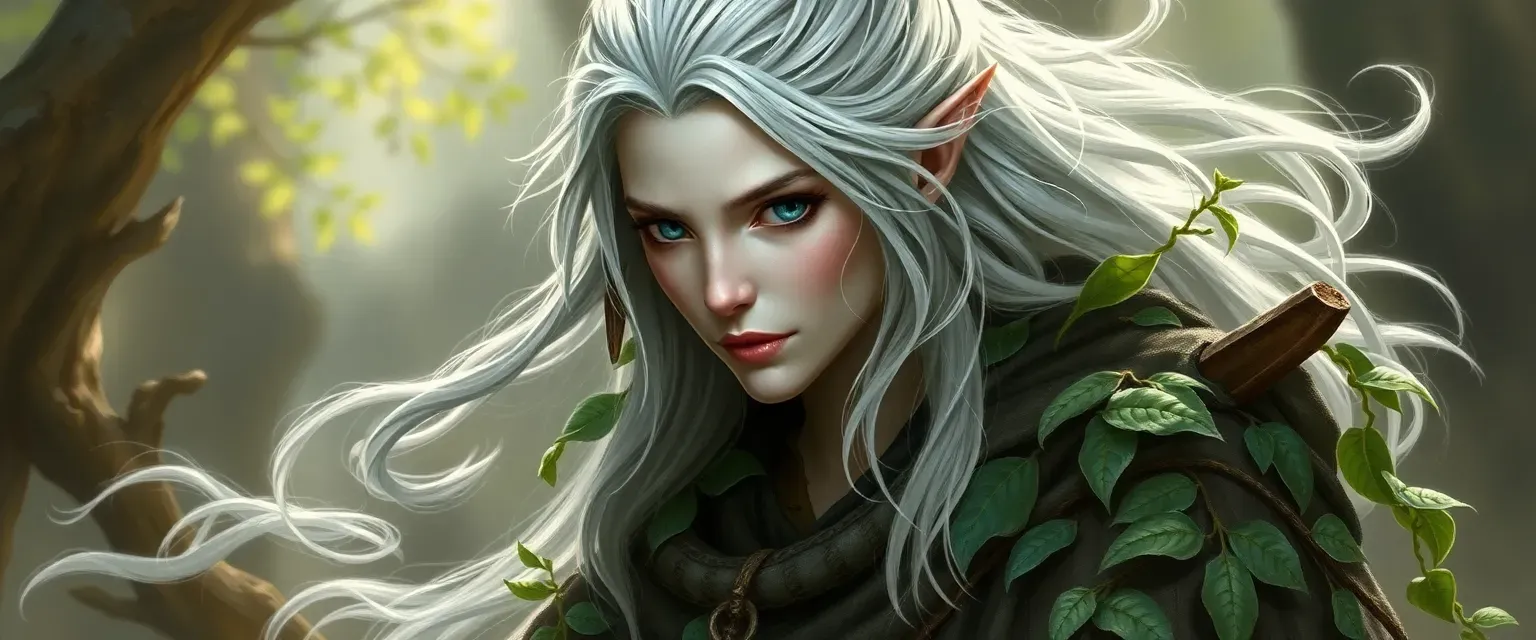 200-year-old female high elf with silver-gray hair and pale skin, wearing a robe of vines and leaves.