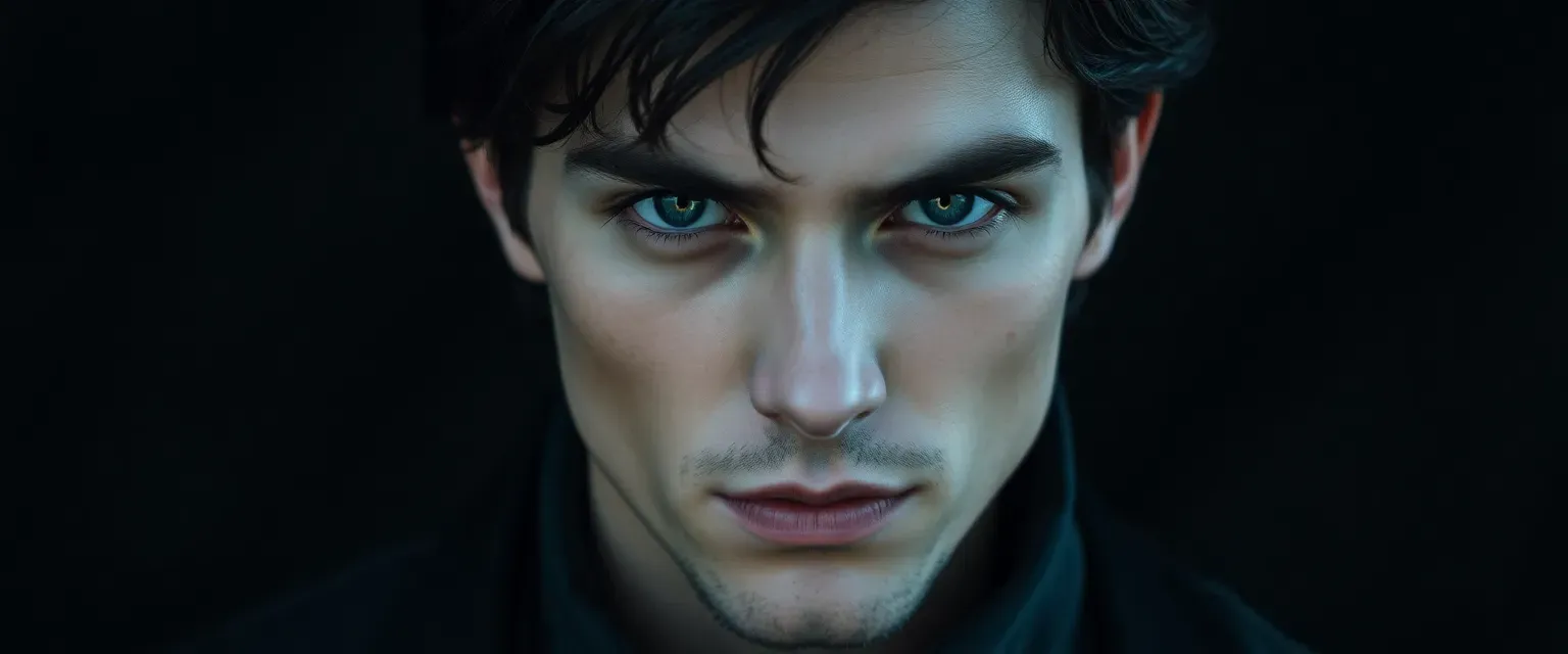 Dark-haired man with piercing black eyes, wearing muted, high-quality clothing, mysterious and handsome.