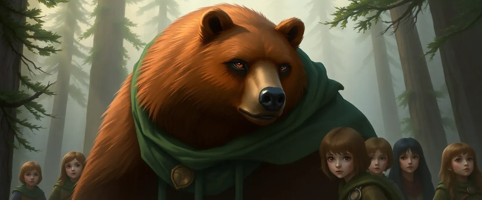 A large brown bear with amber eyes, wearing a simple forest-green cloak, surrounded by young forest dwellers.