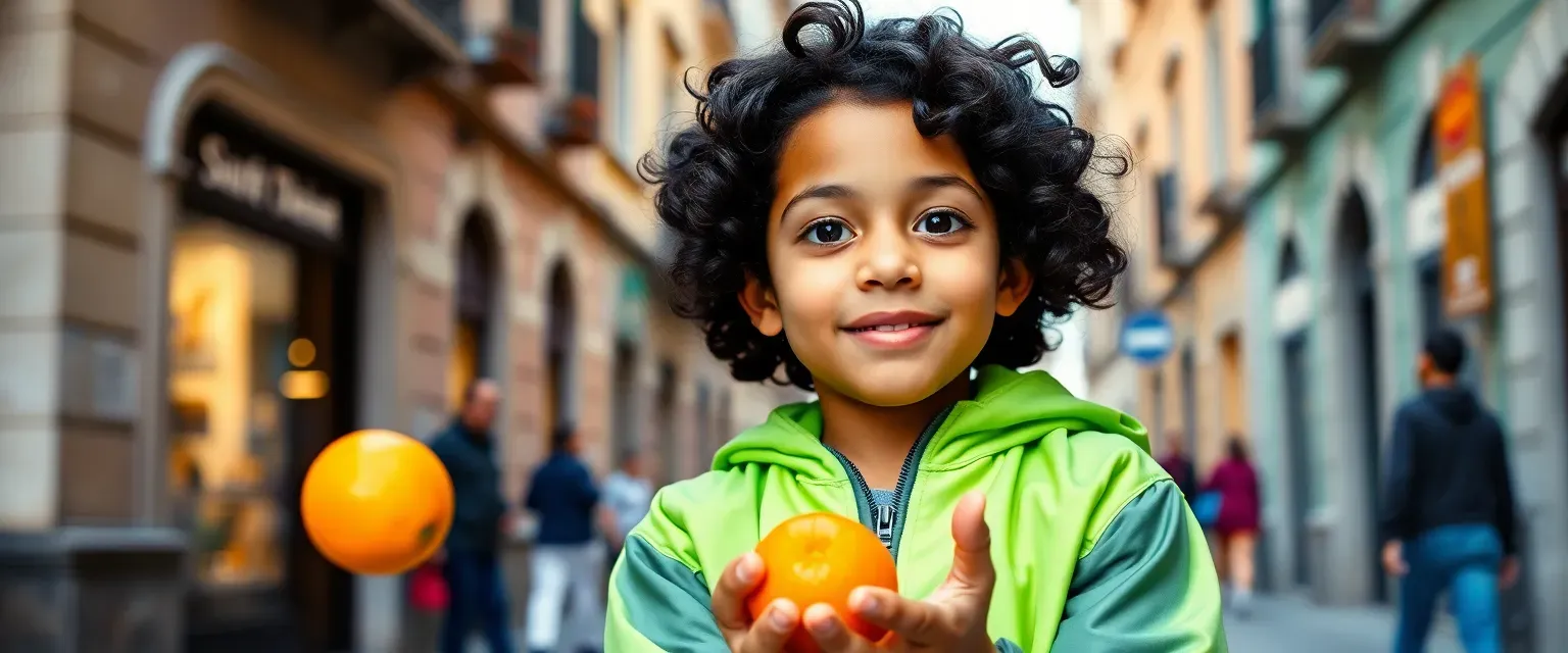 A young boy with curly black hair and bright eyes, wearing a neon green jacket, juggling oranges in a vibrant Roman street.