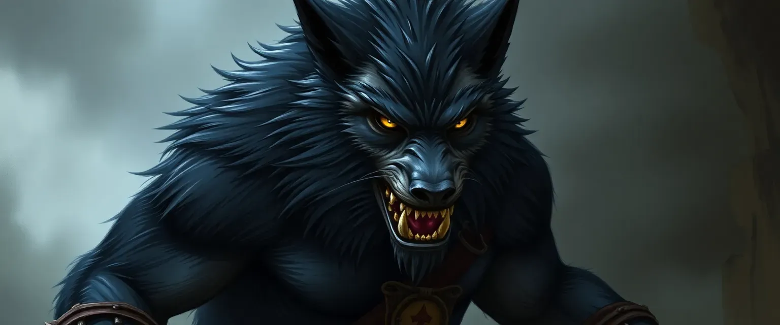 Tall werewolf with midnight blue fur, muscular, yellow eyes, wearing tattered warrior's garb.
