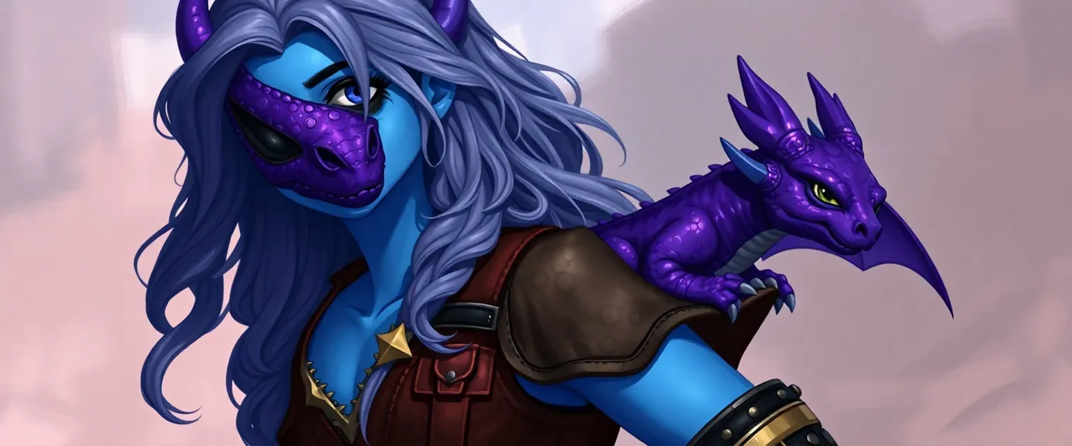 20-year-old female genasi with blue skin, long wavy hair, and an eyepatch over left eye, wearing a leather vest and boots, with a baby purple dragon on her shoulder.