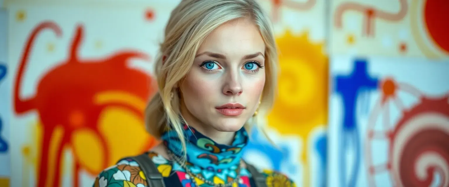 20-year-old blonde woman with blue eyes, petite, wearing colorful artist's attire.
