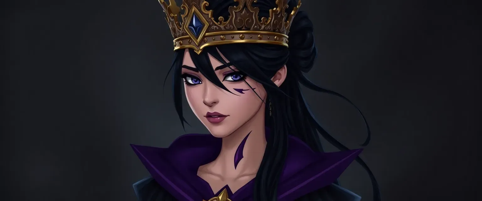 Eldest sibling with long black hair in a ponytail, ornate crown, purple and black outfit, blind in one eye with a claw scar, purple neck marking.