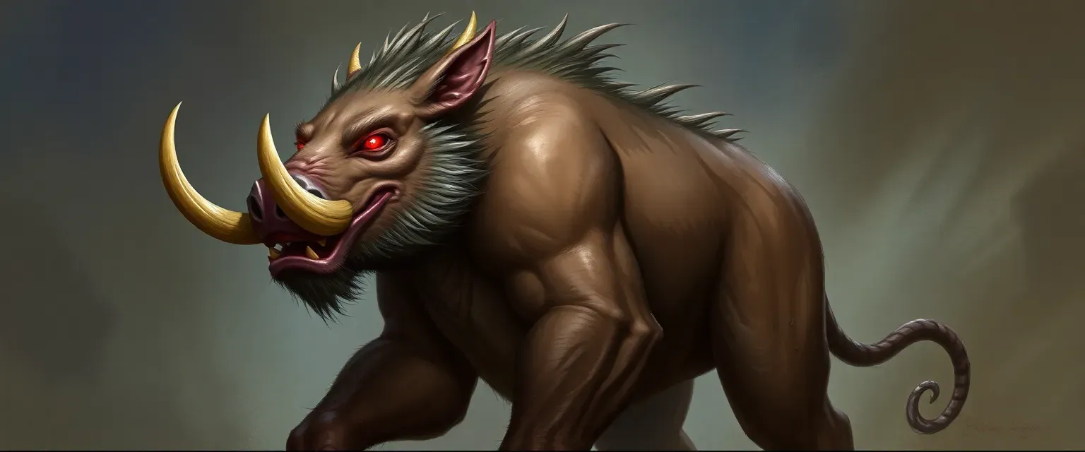 Seven-foot wereboar with earth-toned skin, red glowing eyes, and sharp tusks. Muscular and scarred, wearing minimal clothing.