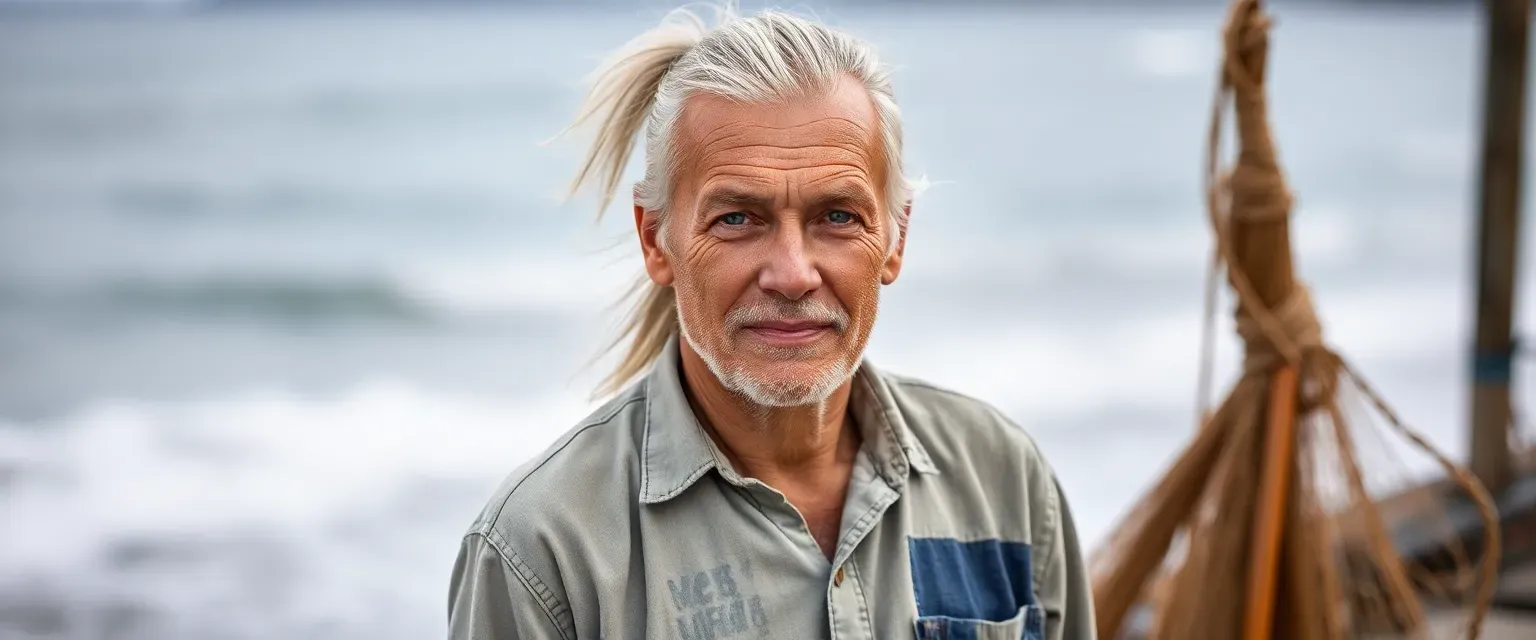 A sixty-year-old man with silver hair in a ponytail, blue eyes, wearing patched yet clean clothes, standing by the sea with a net.