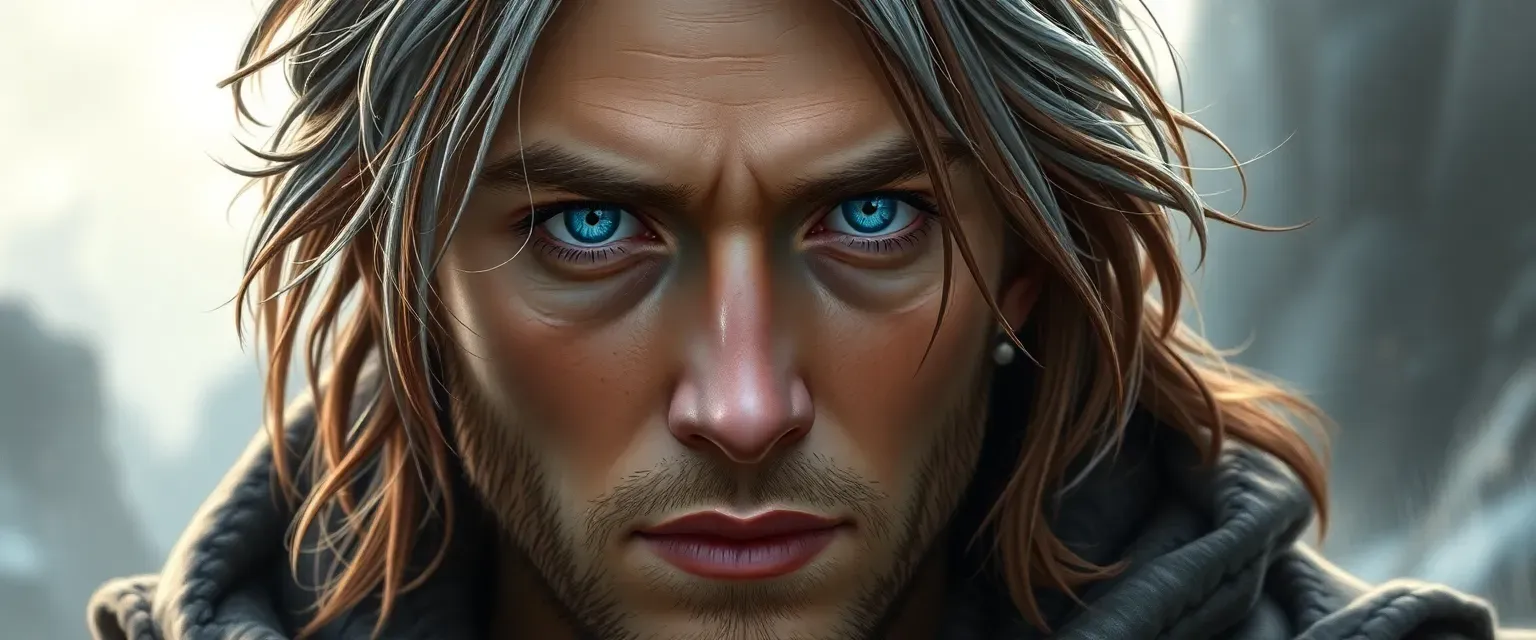 Young man with piercing blue eyes and prematurely graying chestnut hair, wearing a tattered cloak.