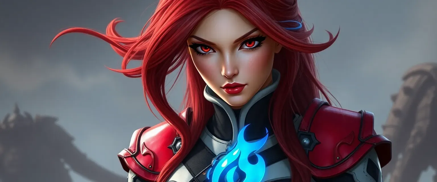171 cm tall woman with red eyes, long red hair with blue tint, black and white outfit with belts, red pauldrons, blue flame on chest.