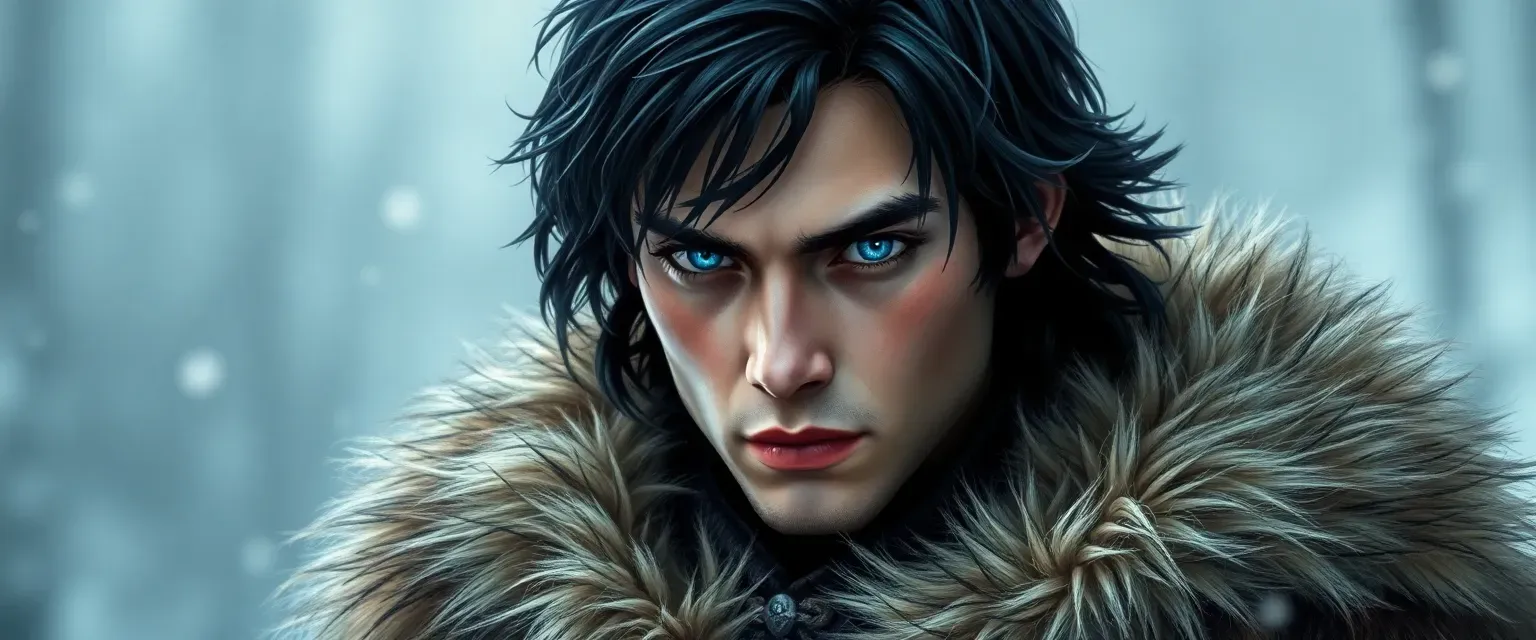 Young man with raven hair and piercing blue eyes, dressed in fur and leather to combat the northern cold.