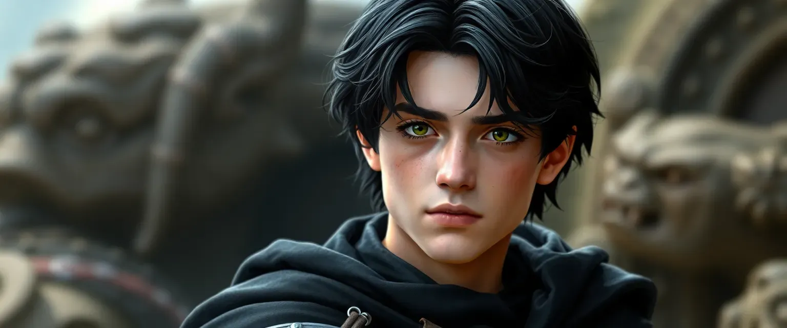 17-year-old Alex with black hair and light brown eyes, wearing a black cloak over his missing left arm.