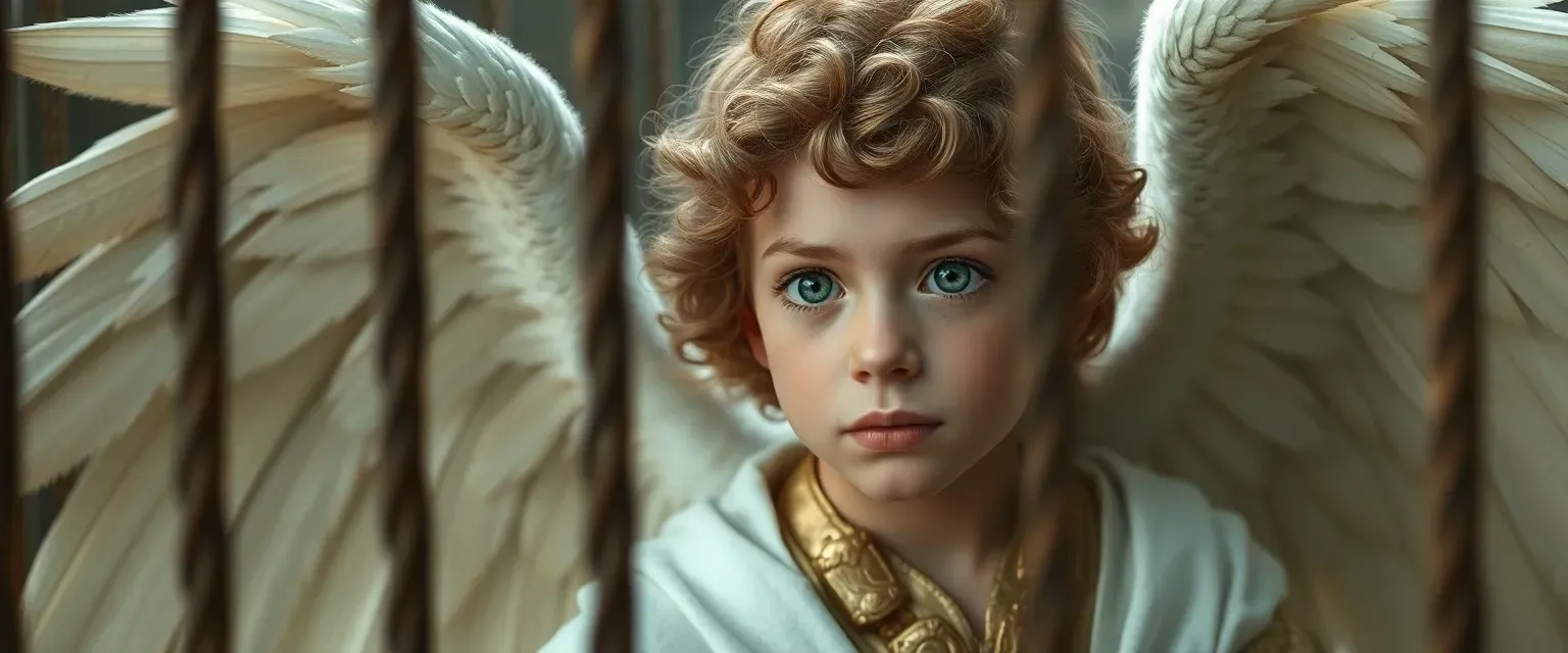 12-year-old angel with curly light brown hair, green eyes, trapped in a cage, wearing white and gold robe.