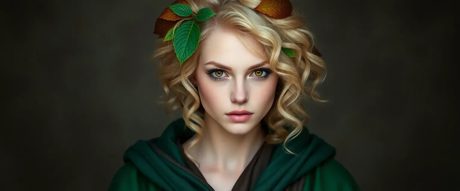 25-year-old woman, 5'7, 130 lbs, pale skin, red eyes, curly blonde hair with leaves, wearing green and brown robes.