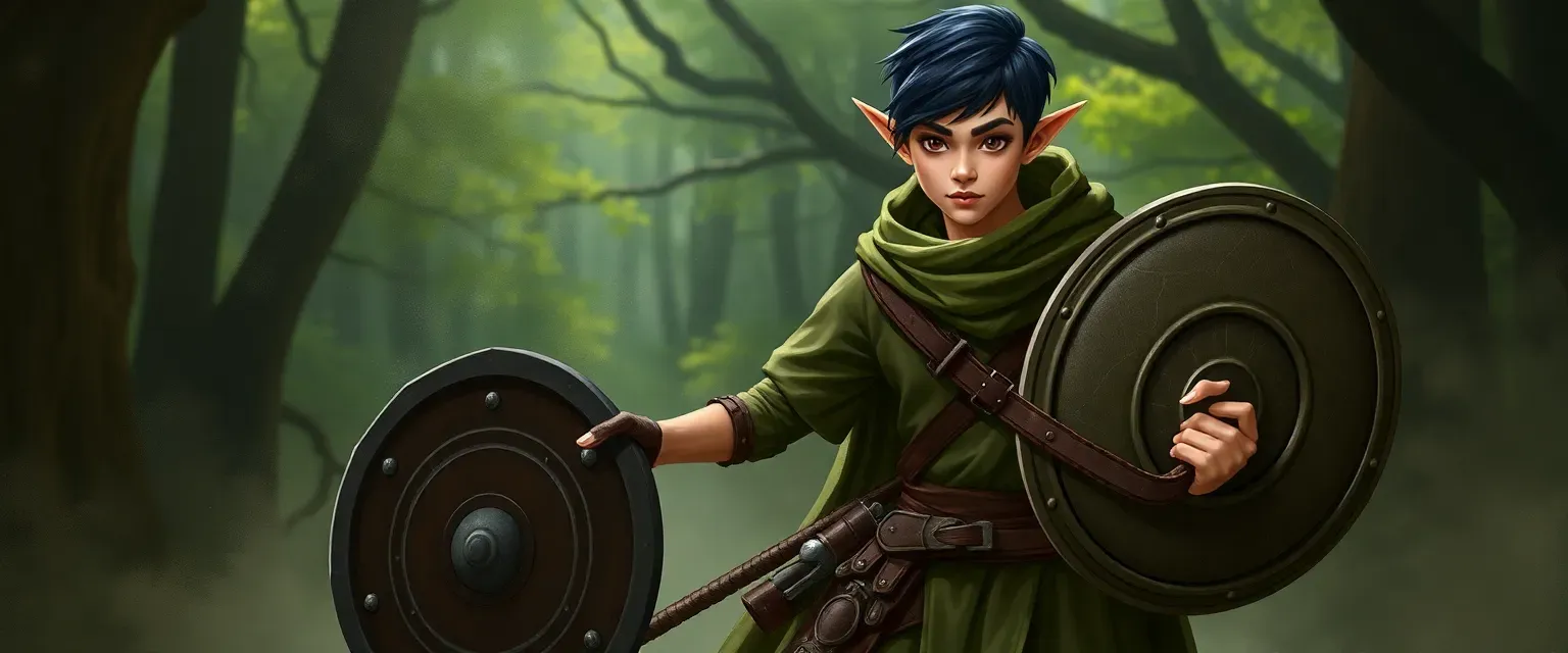 20-year-old male wood elf druid, tall and lean at 6'2" 120 lbs, tan skin, short black hair, brown eyes, wearing green clothes, brownish shoes, leather armor, holding quarterstaff in right hand and shield in left.