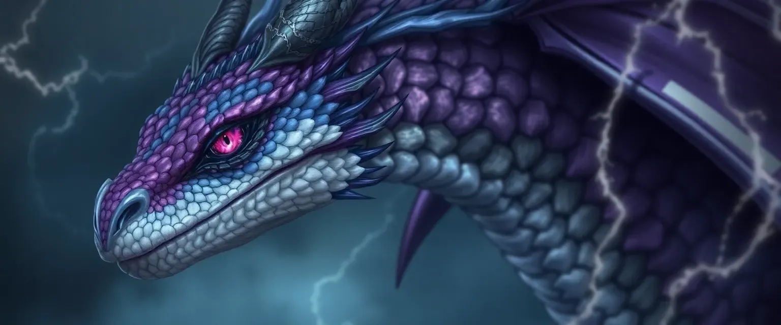 A female dragon with scales in purple, blue, gray, white, and black, eyes reflecting silent storms.