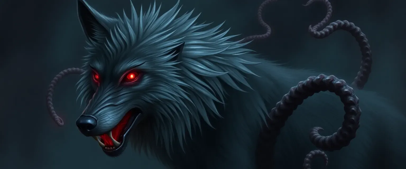 Dark grey wolf with glowing red eyes, able to summon tentacles through rituals, embodying both care and menace.