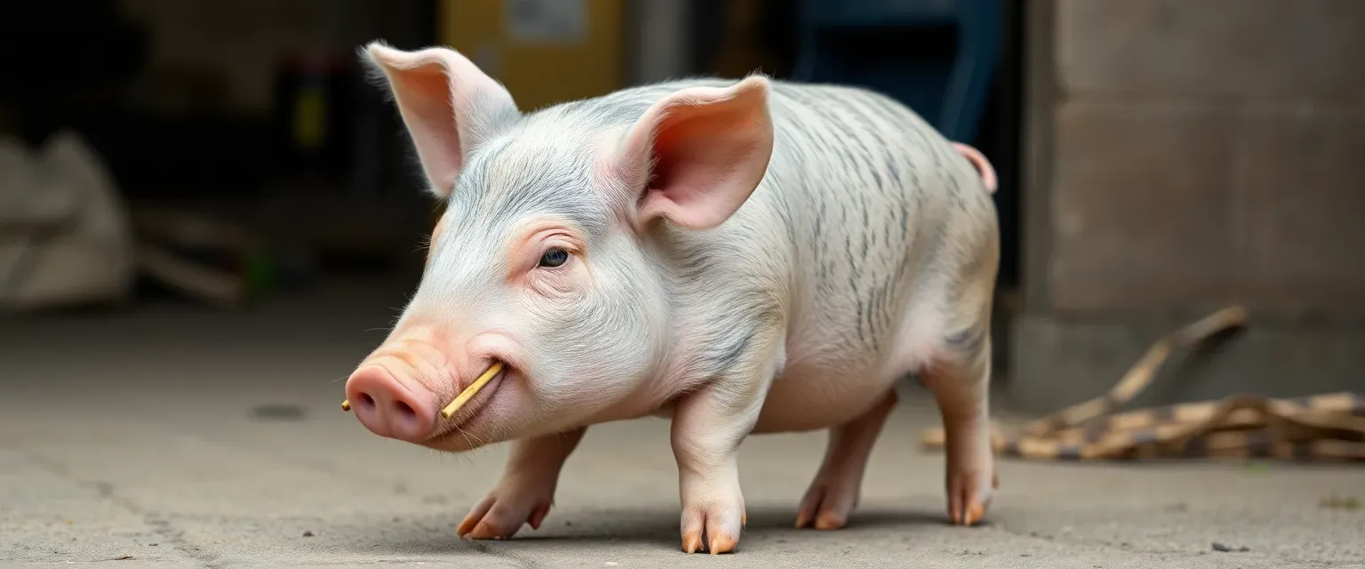 A stout pig with soft pink and gray skin, using chopsticks in all four trotters to walk awkwardly.