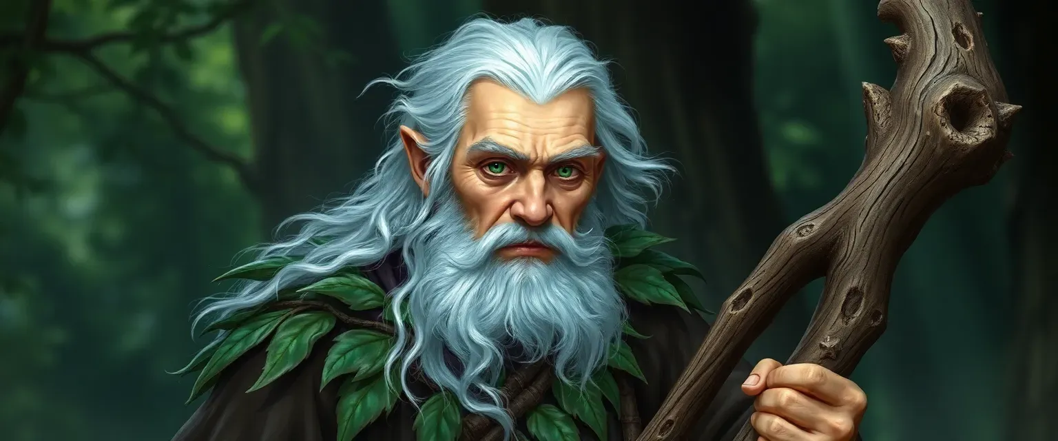 Elderly druid with silver-green hair, emerald eyes, wearing bark and leaf robes, holding an oak staff.