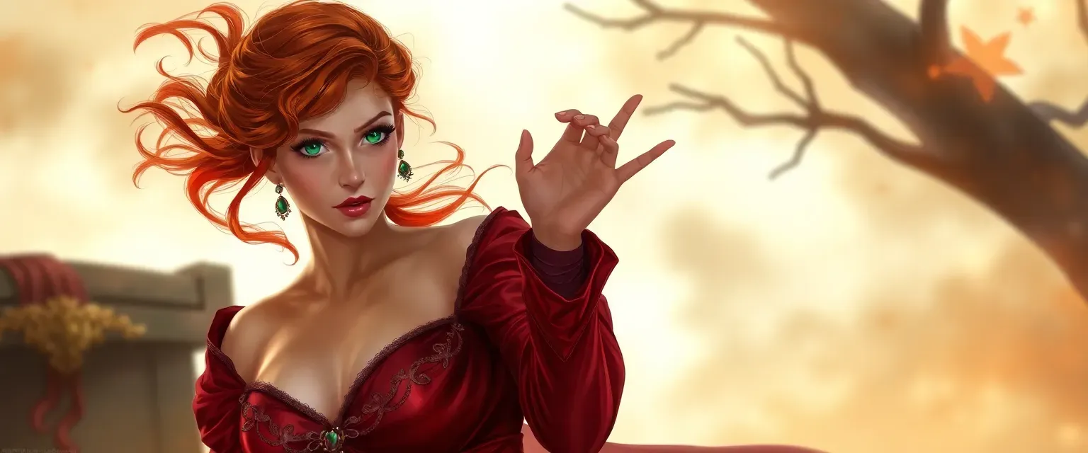 Nineteen-year-old Emberlyn with fiery red hair and emerald eyes, dressed in rich silks and velvets, embodies the allure and mystery of a young courtesan.
