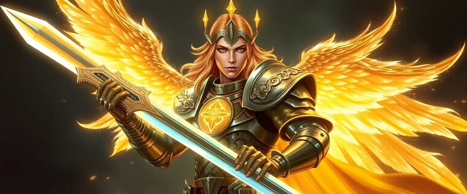 32-year-old Aasimar paladin with glowing skin and celestial armor, wielding a blessed longsword.