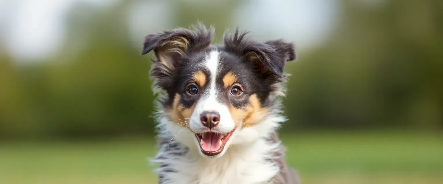 A spirited Mini Australian Shepherd with a black, white, and gray coat, youthful and full of energy.