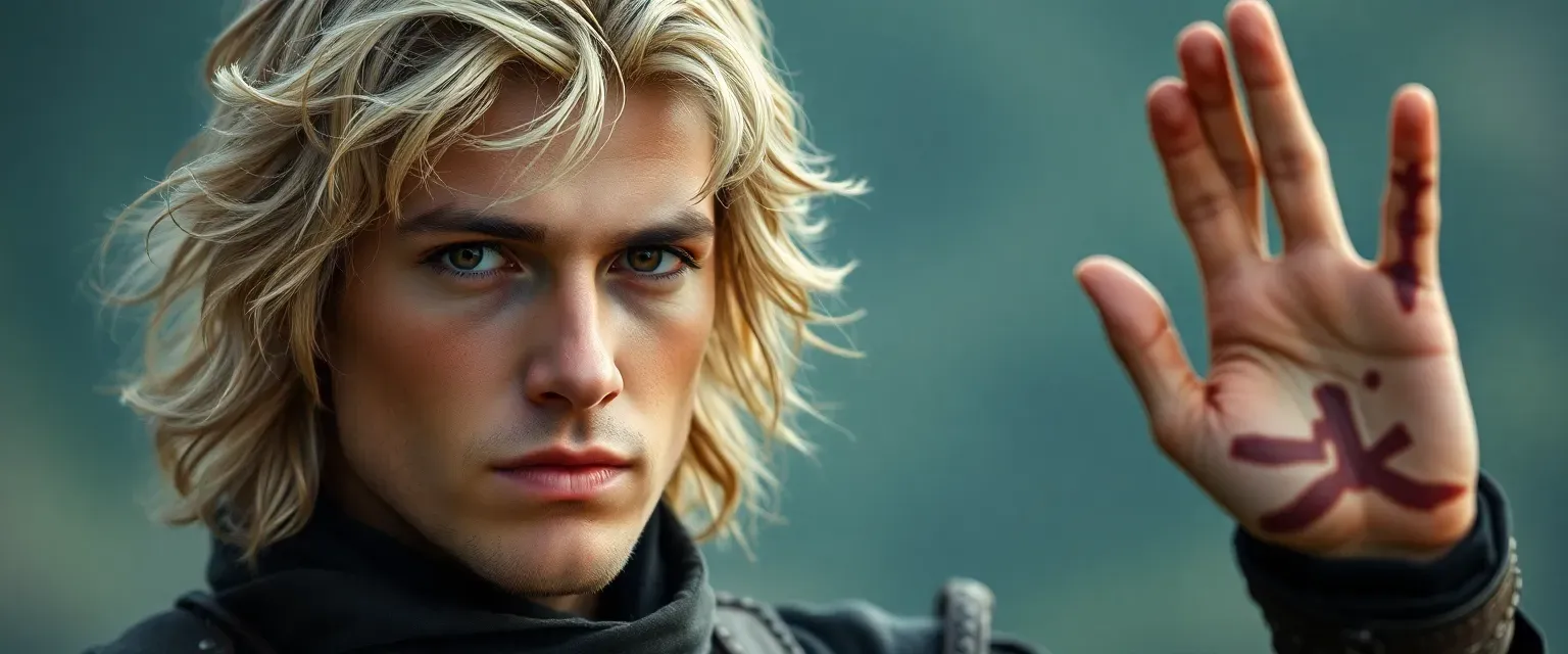 A tall, athletic 25-year-old man with windswept blonde hair and melancholic brown eyes, wearing tattered noble clothing with a distinctive scar across his left palm.