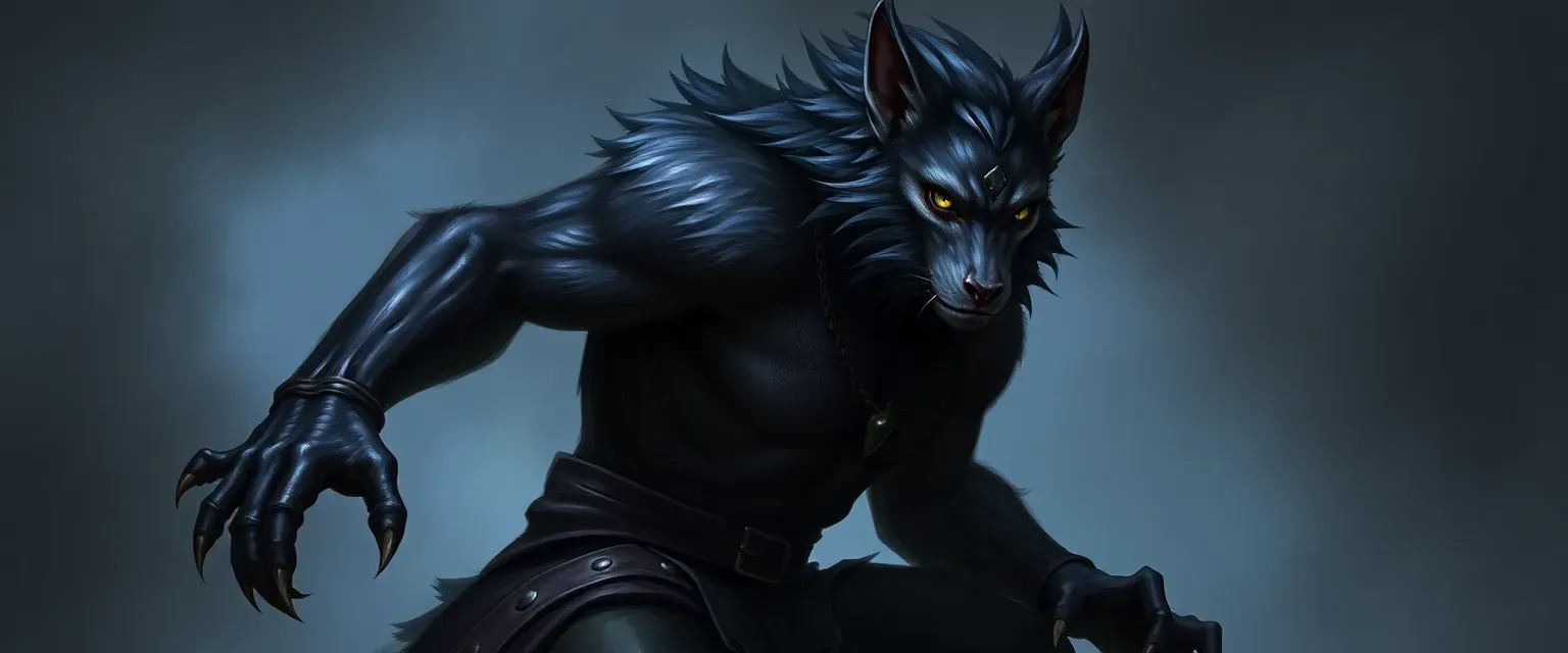 A Simic hybrid with wolf and monkey traits, dark fur, wearing shadow leathers, with metallic slime arms.