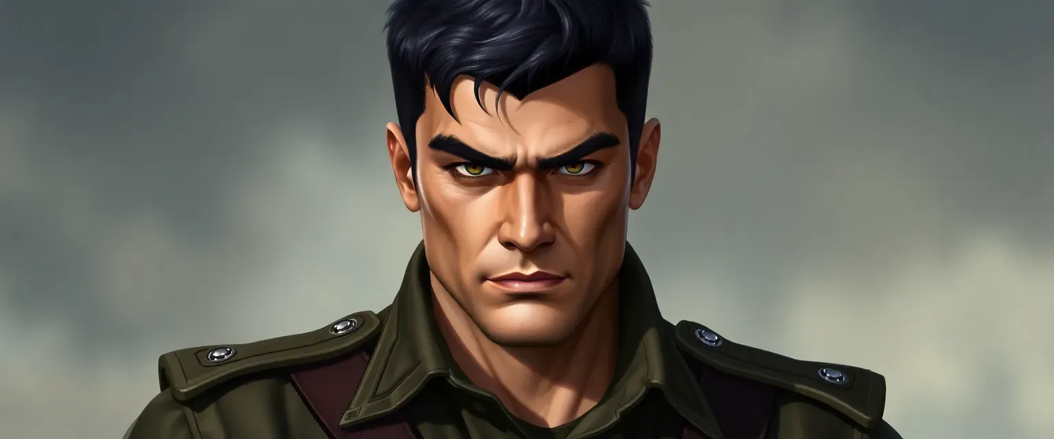 30-year-old, 2m tall muscular man in military uniform, black hair, thick eyebrows, scar on left eyebrow, sharp nose, angular jaw.