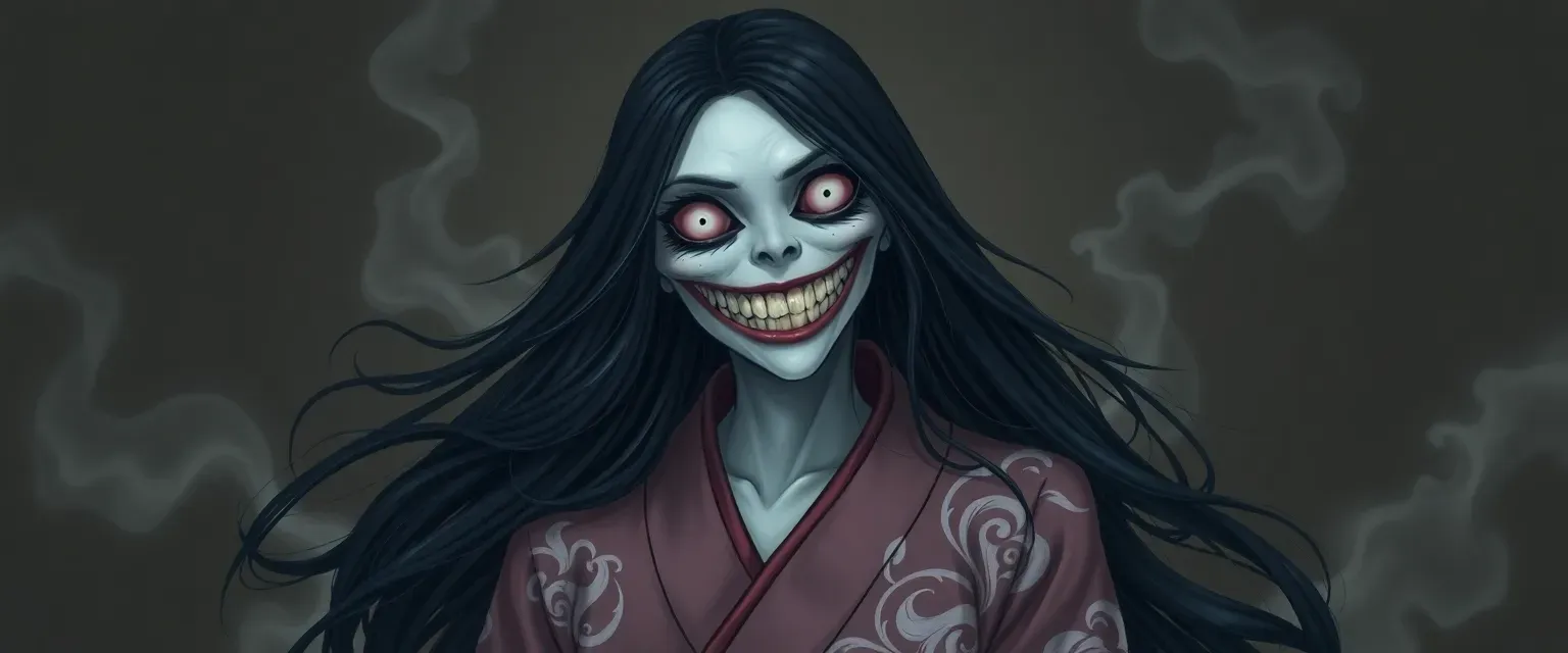 A ghostly woman with long black hair and a grotesque, ear-to-ear smile, wearing a traditional Japanese kimono.