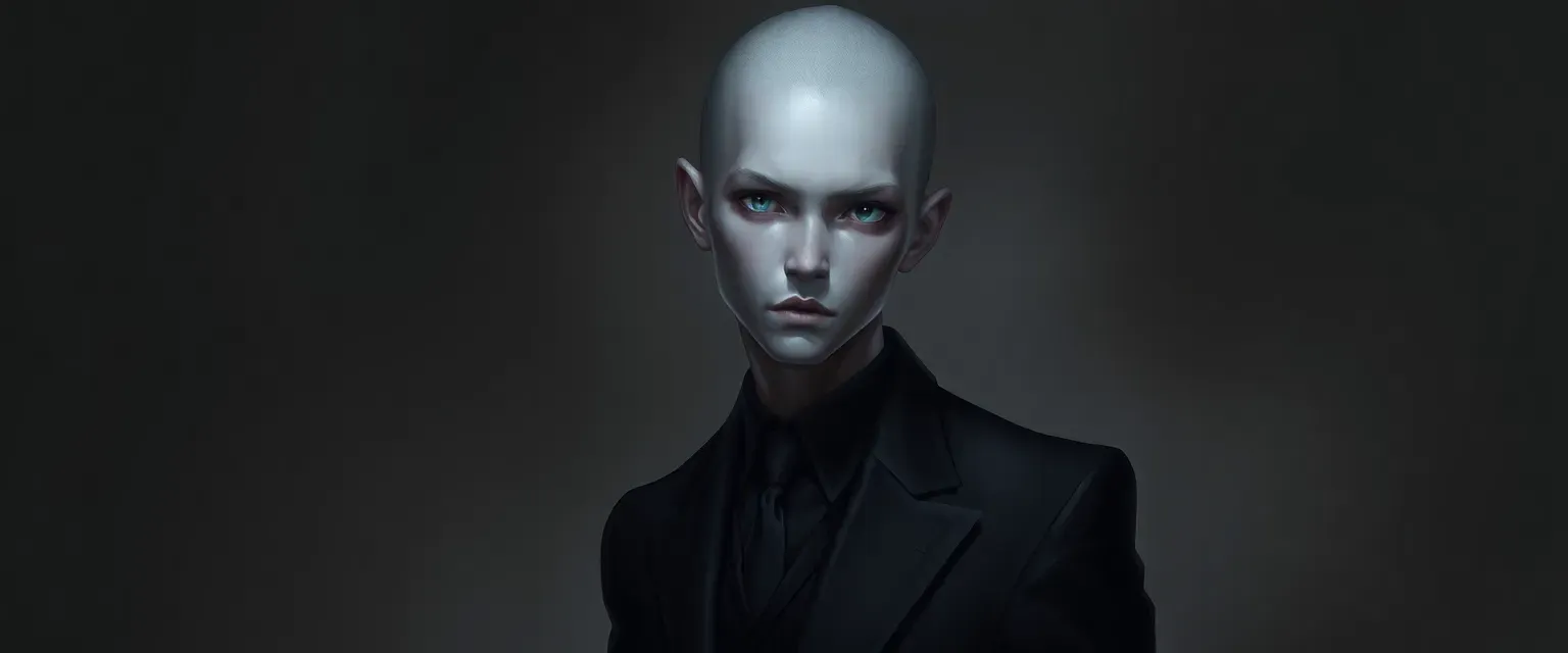 Genderless human in a dark, sleek suit, gray eyes, slender build, enigmatic.