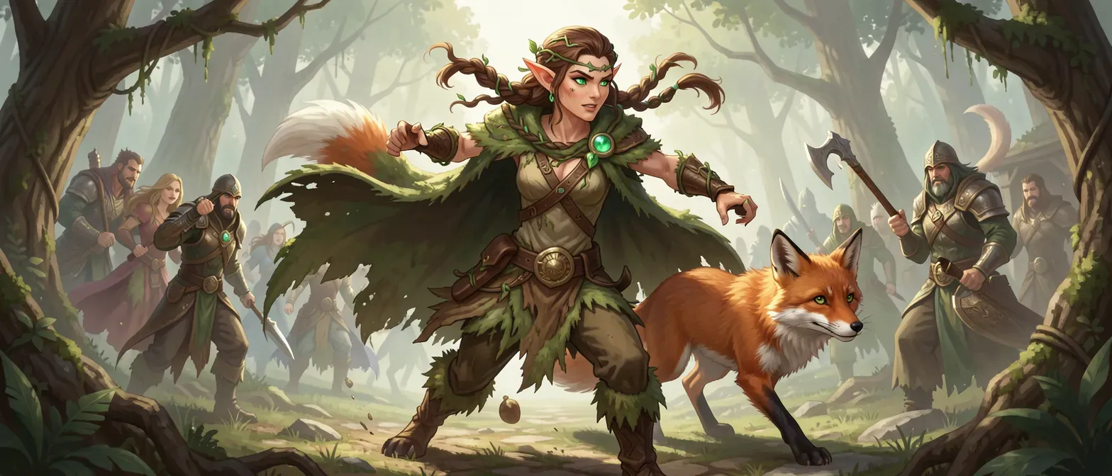 A 28-year-old half-elf druid with pointed ears, emerald eyes, chestnut hair braided with vines, wearing a mossy cloak and bark tunic, slender and wiry build, accompanied by a sly fox.