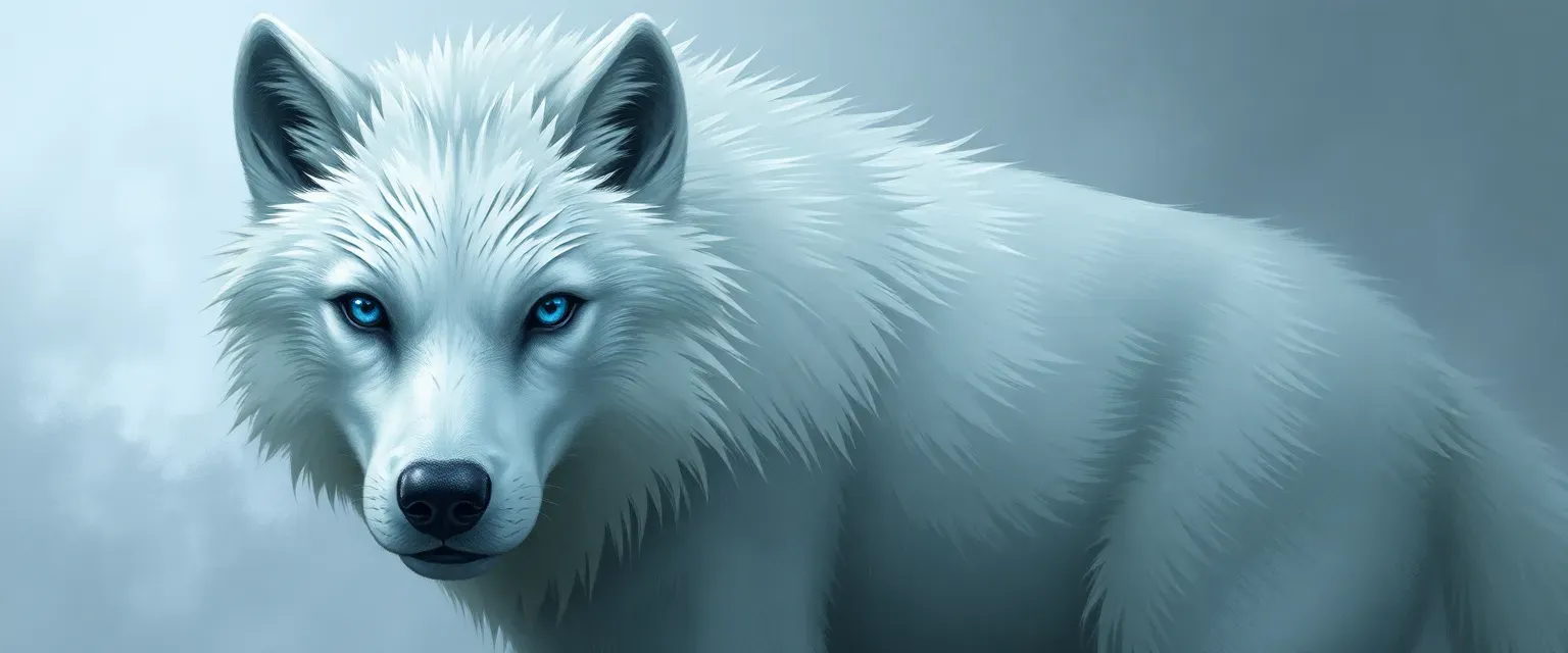 Majestic white wolf with piercing blue eyes, thick fur, and a strong, agile build.