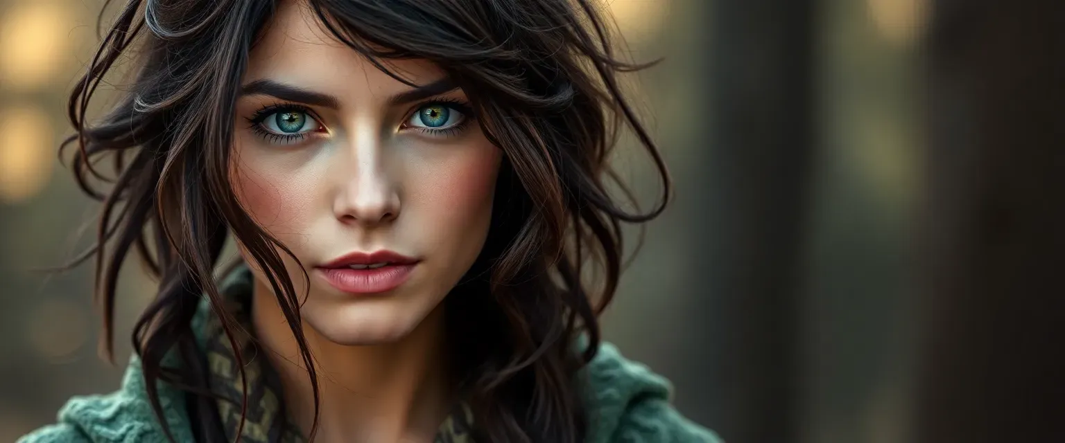 Late twenties woman with tangled dark brown hair, piercing green eyes, wearing a forest-dyed robe.