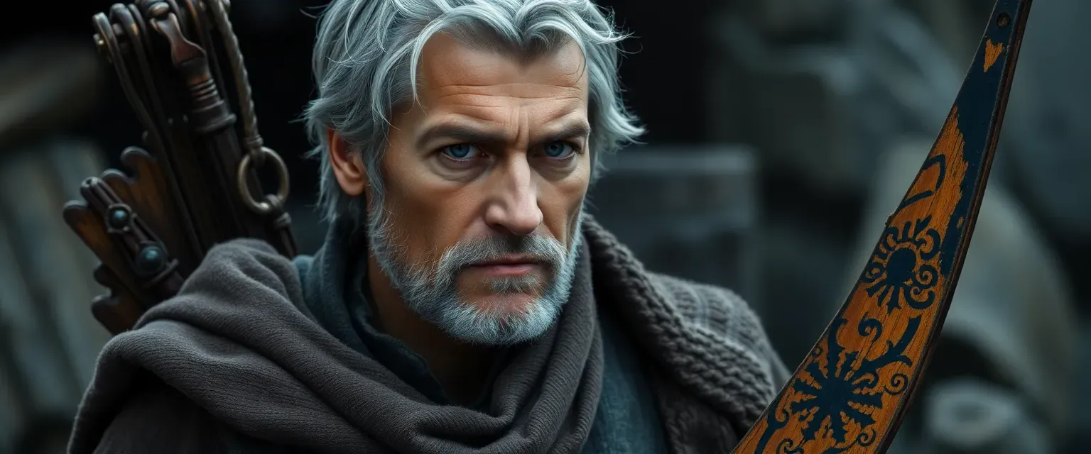 A grey-haired Slavic man, worn clothes, carrying a weathered bow, sharp-eyed, modest.