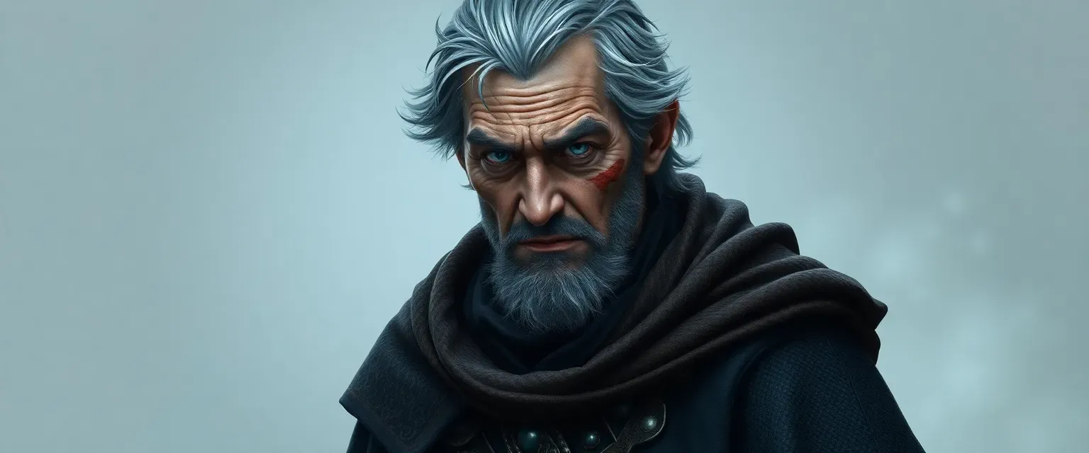 A sixty-year-old man with silver-streaked black hair, a scarred face, and piercing grey eyes, dressed in a dark, ornate tunic and a heavy cloak, limping.