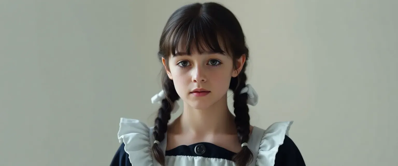 16-year-old Roselyn, an orphan maid, with hopeful eyes and a gentle demeanor, wearing a simple maid's uniform, humming softly.