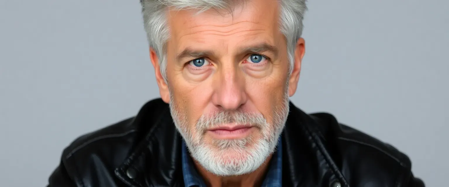 65-year-old Mel Gibson with silver hair, rugged features, blue eyes, wearing a leather jacket.