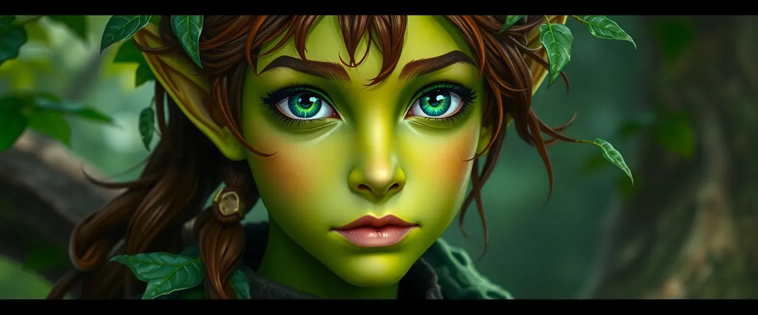 Young wood elf with green skin, brown hair with vines, emerald eyes, wearing a leaf and bark robe.