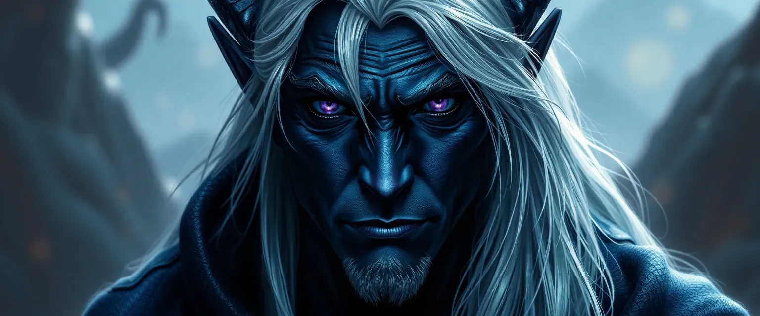 200-year-old dark elf male with ebony skin, silver hair, violet eyes, wearing shimmering night-sky robes.