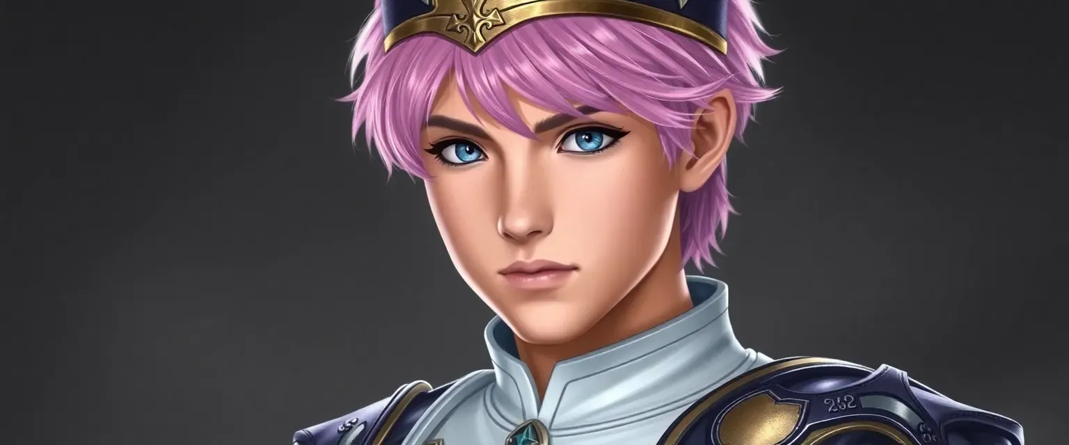 Young man with lilac to pink gradient hair, sharp bangs, bright blue eyes, wearing a white tunic with silver emblems, royal cap, gloves, and armored boots.