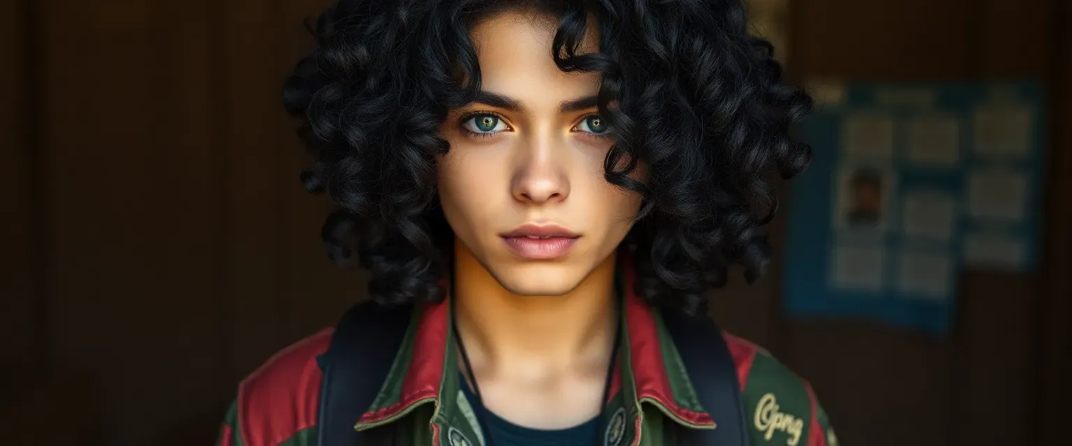 18-year-old with untamed indigo curls, genderfluid, wearing eclectic thrift store clothes with patches.