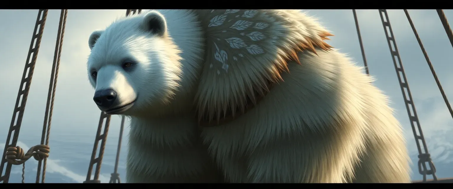 A tall bear with white fur, wearing a fur-lined coat with intricate patterns, standing on a ship's deck.