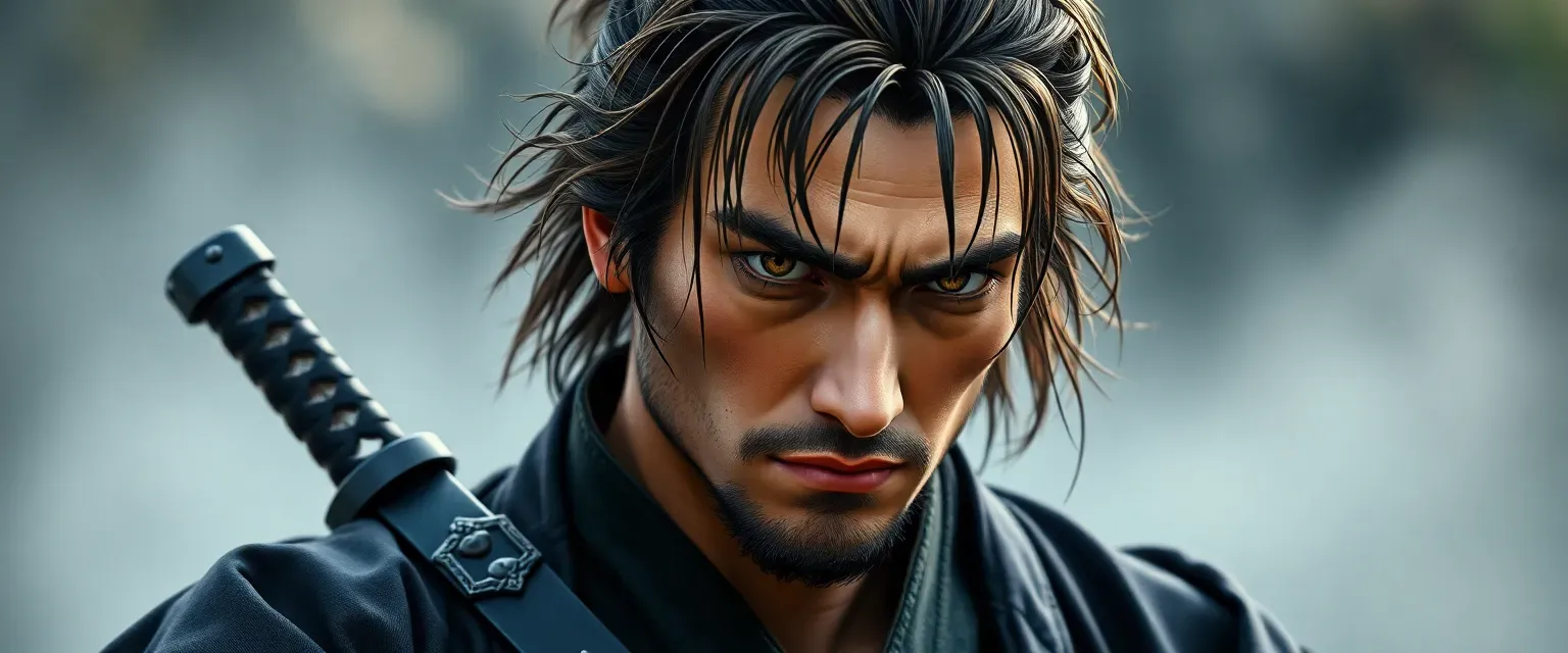 Mid-thirties ronin with disheveled hair, sharp brown eyes, worn samurai attire, and a katana at his waist.