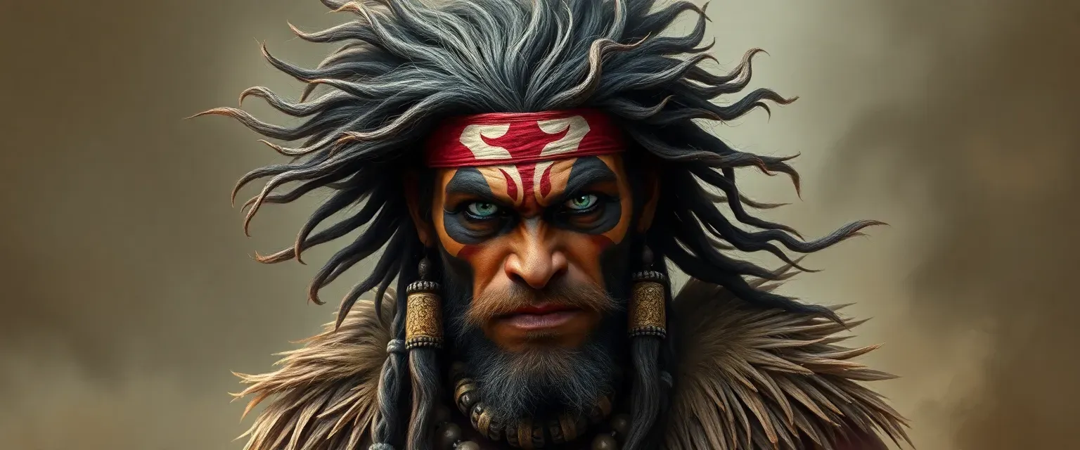A fierce tribal leader with wild hair, painted eyes, and animal hide clothing, embodying the savage spirit of the Besi.