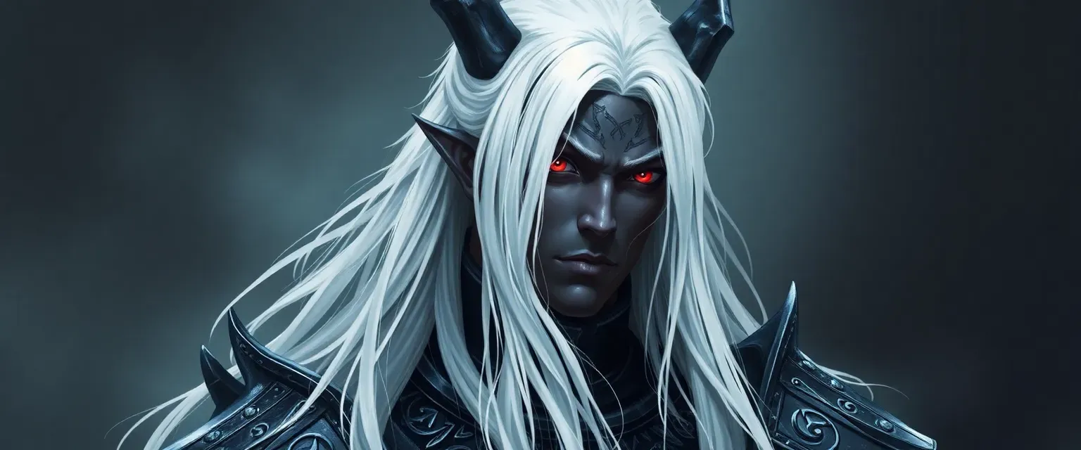 Male drow with dark skin, red eyes, long white hair, and black armor adorned with death symbols.